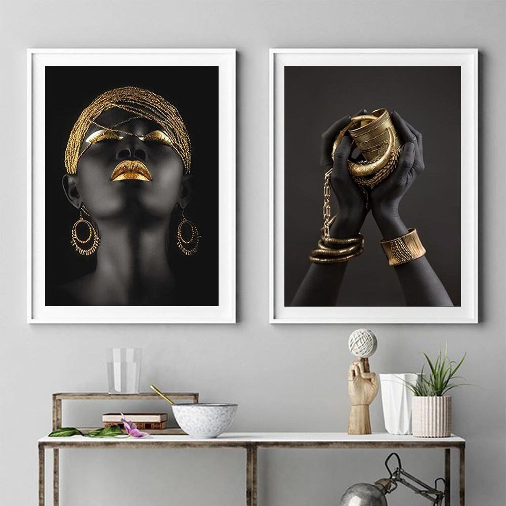 아프리카 예술 블랙 골드 여자 포스터 손으로 골드 쥬얼리 캔버스 회화 벽 그림 거실 홈 장식 아니 프레임